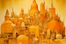 A yellowish orange colored European like noisy city designed in Ica stones painted by Raymond Duchamp-Villon