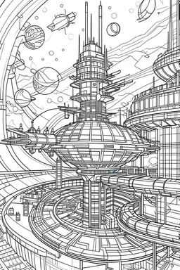 coloriages mystères :Une station spatiale futuriste orbite au-dessus d'une planète lointaine, avec des vaisseaux spatiaux modernes naviguant entre les structures.