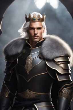 Male Tan Human, White Hair, Handsome Face, Wearing A Crown, Black Heavy Armour, Dark colours theme, Dark Background