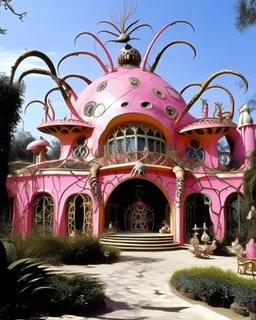 A pink spider mansion with magical gas painted by Salvador Dali