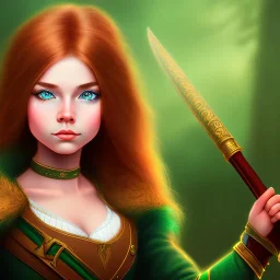 Halfling, woman, full body, red braid hair, adventurer, green eyes, magic staff