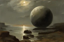 grey sky with planet in the horizon, epic, sci-fi movies influence, cliffs, rocky land, puddle, epic, friedrich eckenfelder and alfred stevens impressionism paintings