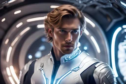 a very handsome man, light brown hair, dressed in a silver and white galactic suit, with diodes and lights decorating the costume in front of the very modern interior of a spaceship, galactic atmosphere, beauty, future , kindness