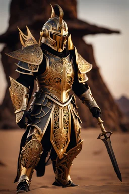 Full body photography,front_view, dark Lord ooking at viewer,traditional dress ornaments mechanical_armor,intricate armor, delicate golden filigree, intricate filigree, black metalic parts, detailed part,desert background, dynamic lighting