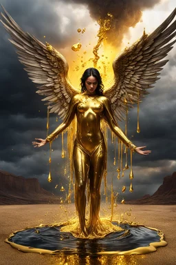 A hyper-realistic photo, beautiful fallen angel disintegrating into gold dripping ink and slime::1 ink dropping in water, molten lava, closed eyes 4 hyperrealism, intricate and ultra-realistic details, cinematic dramatic light, cinematic film,Otherworldly dramatic stormy sky and empty desert in the background 64K, hyperrealistic, vivid colors, , 4K ultra detail, , real photo, Realistic Elements, Captured In Infinite Ultra-High-Definition Image Quality And Rendering, Hyperrealism,