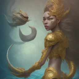 sango fantasy, fantasy magic, intricate, sharp focus, illustration, highly detailed, digital painting, concept art, matte, artgerm and paul lewin and kehinde wiley, masterpiece sexy lips Asian afro lips black African lady body mermaid blue Dragon head golden space lady sea under water mermaid pretty