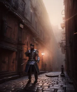 samurai, shadows, Brent Weeks, Night Angel, cobblestone street alley, highly detailed, hyper-detailed, beautifully color-coded, insane details, intricate details, beautifully color graded, Cinematic, Color Grading, Editorial Photography, Depth of Field, DOF, Tilt Blur, White Balance, 32k, Super-Resolution, Megapixel, ProPhoto RGB, VR, Halfrear Lighting, Backlight, non photorealistic rendering