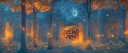 library in forest with fireflies and orange mystic lights around trees that have wide leaves and broad trunked. Night with moon light.