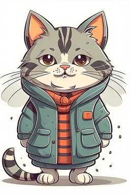 sweet illustration of a cat in coat , in a cartoon style