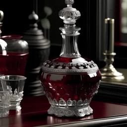 Create an antique-style decanter with intricate crystal patterns. The decanter should be filled with a bright red liquid, reminiscent of fine wine. Capture the elegance and luxury of a bygone era.