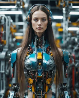 potrait cinematography colors a beautiful face woman long hair humanoid robot mechanical walking in between two rows of complex machinery with vibrant colors