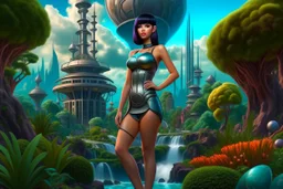 Photorealistic, Full Body Photo Of A Sci-Fi Pin-Up Girl, With Dark Hair With Bangs, On An Alien Jungle Planet With Cloud Trees, Tall Spires, Buildings, Bridges, Arches