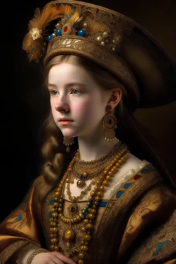 This girl maintains a status in high society, wears a long, luxurious dress in the style of the 17th century with embroidery from expensive fabrics. She has a lush hairstyle, decorated with various jewelry, on her head she wears a hat decorated with decorative elements, and also prefers to wear jewelry made of precious metals and stones. She has refined and smooth gestures, restrained facial expressions, a gentle smile, graceful eyes and a languid voice.