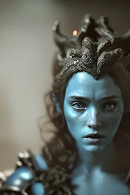 Photoreal gorgeous triton ranger woman with blue scaled blue skin in a dark and dusty middle age tavern by lee jeffries, 8k, high detail, smooth render, unreal engine 5, cinema 4d, HDR, dust effect, vivid colors