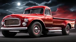 ford 56 truck, classical, red candy paint, shining, on street, tooned style, big engine, big wheels, racing mode, darknight background. 3/4 view, high resolution picture.