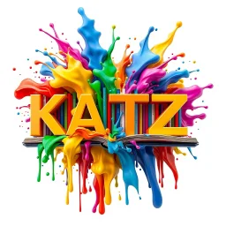 A visually stunning 3D render illustration portraying the name "KATZ" in vibrant and unique style. The name emerges from a mesmerizing library rainbow-like explosion of colors that bursts from a book. The fluid paint cascades downward in a dynamic motion, creating a captivating visual effect. The bold, sharp edges of the typography sharply contrast with the fluid paint explosion, resulting in a harmonious fusion of modern design, typography, painting, and illustration. White background.