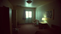 inside a cheap, sleazy motel room, bright light, empty room, grainy candid photograph, crime scene, documentary style, flash photography