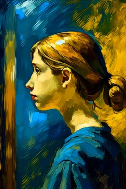 Side profile of a beautiful young girl with her aspirations behind her. Opulent Van Gohn style painting