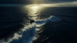 Aerial view of the plane descending into rough seas, smoke trail marking its downward trajectory, twilight creating dramatic silhouette against threatening clouds, small fishing boats coming to the rescue in the distance, giant waves creating an atmosphere of tension, epic cinematic style