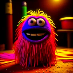 spaghetti rainbow monster from the muppet show, motion blur, 8k, downlight, soft light, depth of field, photorealism, trending on art station, lotsa detail