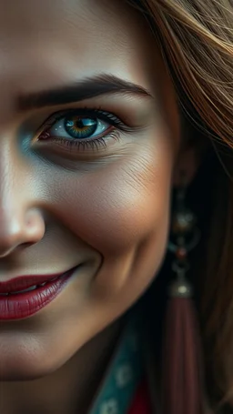 A beautiful eyes of a woman’s smiling? with a long earring . High quality 16k cinematic scene and great photography