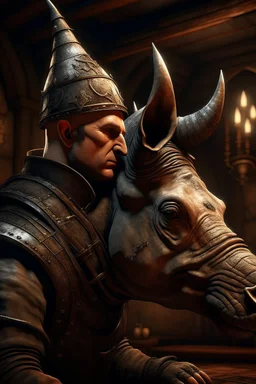 A human with a rhino's head and crown. dramatic lighting, matte painting, highly detailed, cgsociety, hyperrealistic, --no dof, --ar 2:1