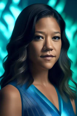 Gina Rodriguez's transformation at 66%: Her skin glows with an ethereal luminescence, featuring an otherworldly iridescence. Four arms emerge seamlessly, balanced in perfect symmetry. Eyes take on a reptilian glint, conveying newfound cosmic awareness. Physique exhibits an ideal blend of strength and grace, with perfect body measurements. Additional limbs showcase intricate patterns channeling cosmic energy. Tail sways rhythmically, completing the majestic reptilian form.