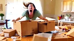 woman starts frantically tearing through a very large box the kitchen table was delivered in