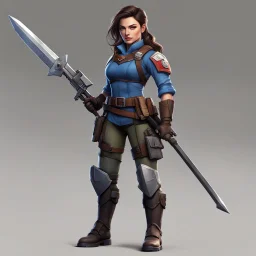 Stella, a resilient rebel with no inhibitions, embraces her strength and determination. Her brunette hair frames a face that exudes defiance. In her unique attire, military meets peasant, showcasing her adaptability. With a small axe, she wields practicality and symbolism, carving her own path. A futuristic heavy pistol shows her mastery of technology. Stella's presence commands attention.