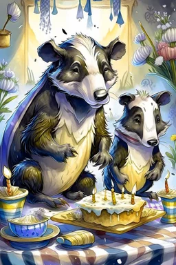(fairy tale badger adult and little badger junior, animal by Monge)) an insanely beautiful smiling badger, extremely fine detailed fluffy fur, shining smiling eyes very well shabby chick dressed is baking a birthday cake with many light candles together with the smiling little badger, fine detailed fluffy fur, shining eyes shabby chick dressed in his kitchen with many pots: Background kitchen as in a cave, anatomically correct, flawless, full body shot, complete figure, by Monge, by Potter, by D