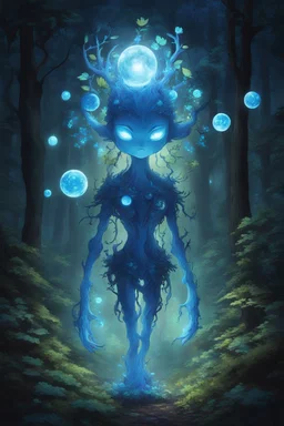 At night, the Forest Spirit transforms into the Night Walker or Daidarabotchi, a towering, translucent, and more abstract figure that glows with a blue light. In this form, the spirit's steps cause the vegetation to grow and wilt, highlighting its role as a giver and taker of life. Glowing floating flowery balls represent the essence of the forest