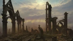 Destroyed City, medieval ruins, debris, stone, breched, brocken, Perspektiv from the sky, by Jean-Baptiste Monge, Ivan Bilibin, Albert Bierstadt, Reza Badrossama, watercolor ink, pencil sketch, splash art, intricate details, fantasy, beautiful, oil on canvas, award winning, imperial colours, fantastic view, radient colours, very attractive, crisp quality