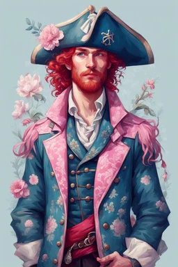 kind sailor, man, red slightly curly hair, long jacket, pink-azure clothes, pink-azure cocked hat in cold colors, white floral pattern on jacket, flower in hair, pirate