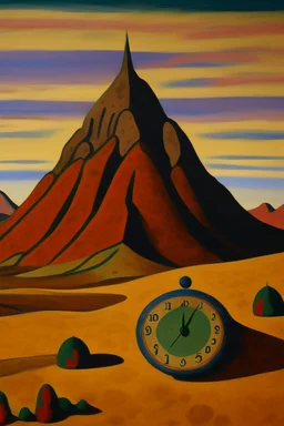 A brown mountain near a desert with clocks designed in medieval tapestry painted by Alexej von Jawlensky