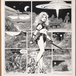 full page plain image [Barbarella Ninja] Original and final cover art and five interior illustrations by underground comix artist, Brion Gysin, from the German edition of Charles Bukowski’s book, Women, circa 1980’s.