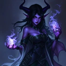 drow elf woman, sorceress, enchantress, dark hair, purple skin, digital art, dark fantasy