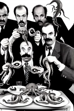 The cast of fawlty towers all eating octopus