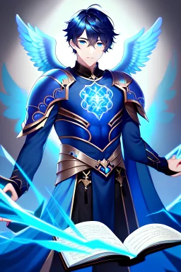 a person in runic armor with blue wings, blue short hair, runic tattoo and spell book, male