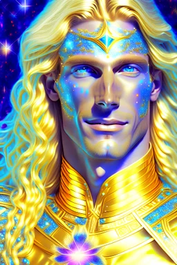 Beautiful tall man Pleiadian galactic commander, ship, perfect detailed face, detailed golden galactic suit, high rank, long blond hair, hand with five perfect detailed fingers, amazing big blue eyes, smiling mouth, high definition lips, cosmic happiness, bright colours, blue, pink, gold, jewels, realistic, real photo, bright and sunny background, very detailed, high contrast, high definition 8k, pixel 512X512, unreal engine 5, extremely sharp details, light effect, bright and sunny background.