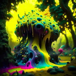 Irregular black spots, 8k, 3d render, Zdenek Burian, melting horror, tridimensional figures, intricate patterns, forest, sinister scribbles, colors, shot on Hasselblad, Yves Tanguy, tragicomic