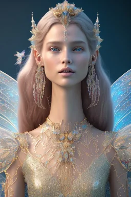 A portrait of a crystalline fairy, smile, mythical,fantasy , magnificent, majestic, highly intricate, Realistic photography, incredibly detailed, ultra high resolution, 8k, complex 3d render, cinema 4d