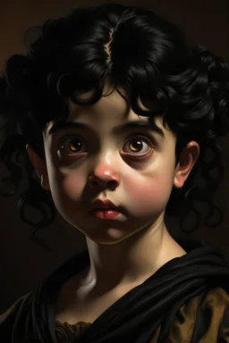 A portrait of a young female halfling, dark eyes, black hair, Caravaggio style
