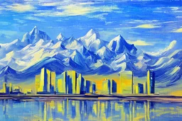 Sunny Day, futuristic buildings near the mountains, sci-fi, tendency to impressionism influence, realistic painting