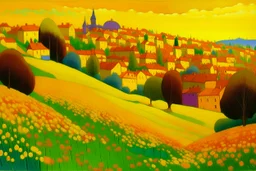 A golden yellow town with spring flowers on a hill painted by Georges Seurat