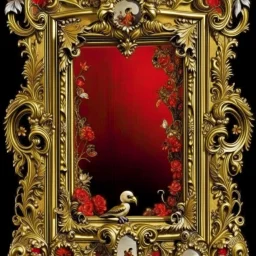 An ornate vintage picture frame crafted from antique gold with intricate baroque scrollwork and delicate filigree details. Vibrant red cardinals with black-masked faces perch gracefully along the ornamental corners and sides, while ethereal white-winged angels with flowing robes are nestled between the decorative flourishes. The frame's bottom edge features elegant cursive script in deep burgundy that reads "When Cardinals appear, Angels are near" flowing seamlessly along the golden molding. Sof