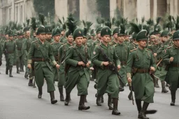 caucasian soldiers; marching in formation; facing away from camera; military parade; tight formation; shoulder to shoulder; marching along a street; green uniforms; medals and insignia; weapons in hands;