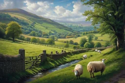 beautiful rolling hills and fields, with stone fences, small stream and sheep, of the Bakewell in England. Gorgeous lush green grass and trees.
