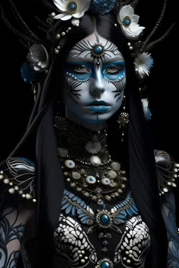 Beautiful young faced woman black shamanism voidcore portrait textured costume embossed ribbed with black pearls i, white crystals n the long black hair, textured floral cathalea orchid and leaves botanical pattern palimpsest embossed etherial viidcore black and light blue white and golden dust goth costume extremelmly detailed intricate 8 k organic bio spinal ribbed detail of floral embossed art nouveau background resolution epic cinematic maximálist concept portrait art