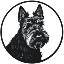 circle containing a black and white image of a Scottish terrier