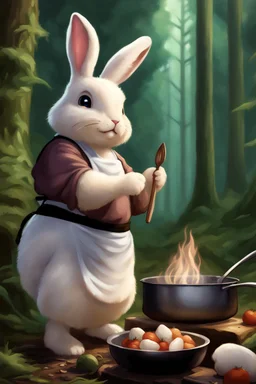 Cute chubby bunny floppy ears adventurer dnd cooking in a forest art realism